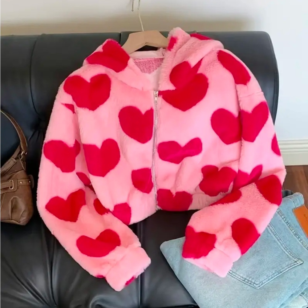 Women's Pink and Red Heart Puffer Jacket